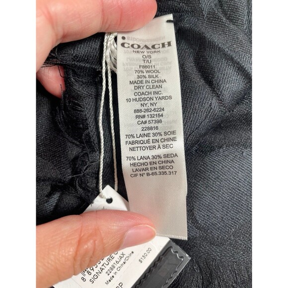 NWT Coach Unisex Black Signature Logo Scarf Wrap 70% Wool 30% Silk - Picture 3 of 5
